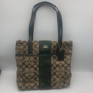 Authentic Coach Signature Tan Python Stripe Khaki Olive Green Tote Bag F25706
